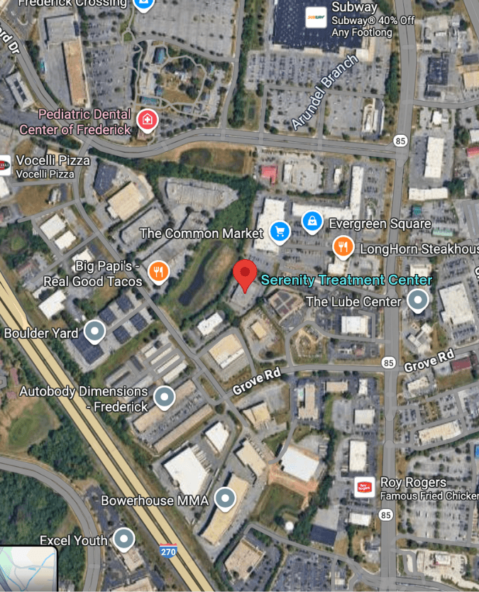 map showing serenity treatment center frederick's location